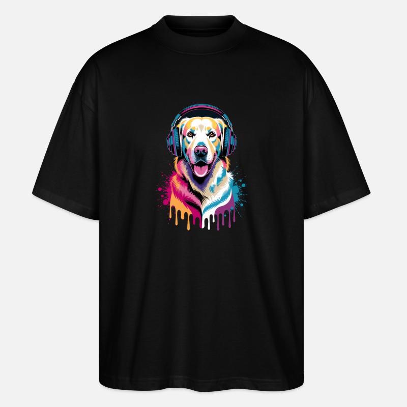 Golden Retriever mit Kopfhörer - Stanley/Stella Oversized Unisex Bio T-Shirt Blaster 2.0 - Schwarz