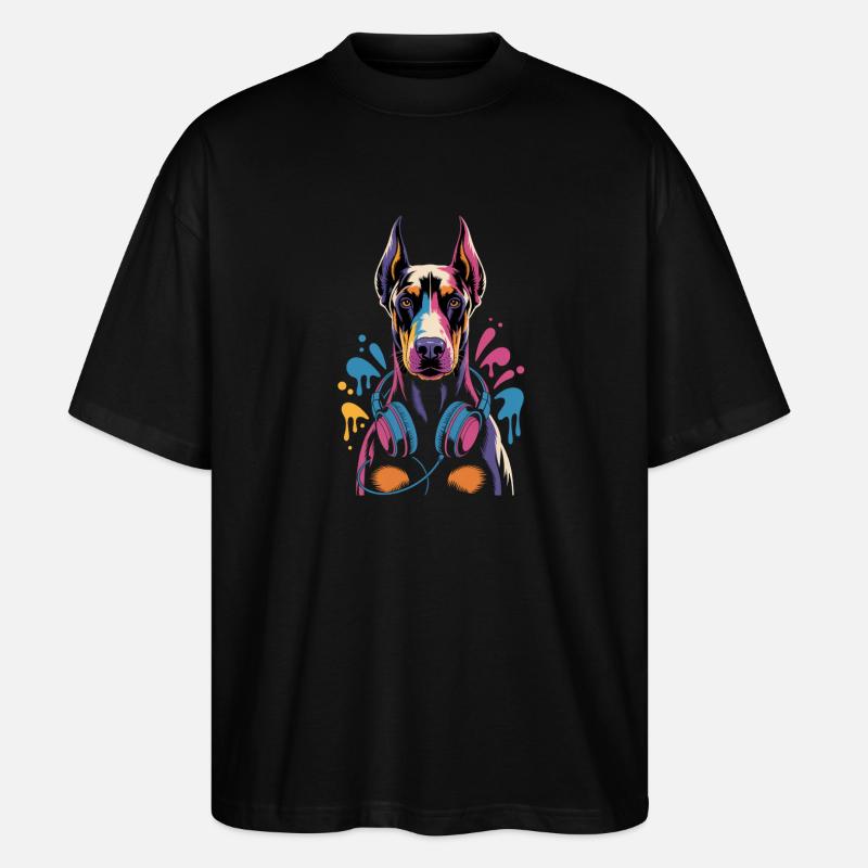 Doberman avec casque - T-shirt bio Blaster 2.0 coupe oversize Stanley/Stella Unisexe - noir