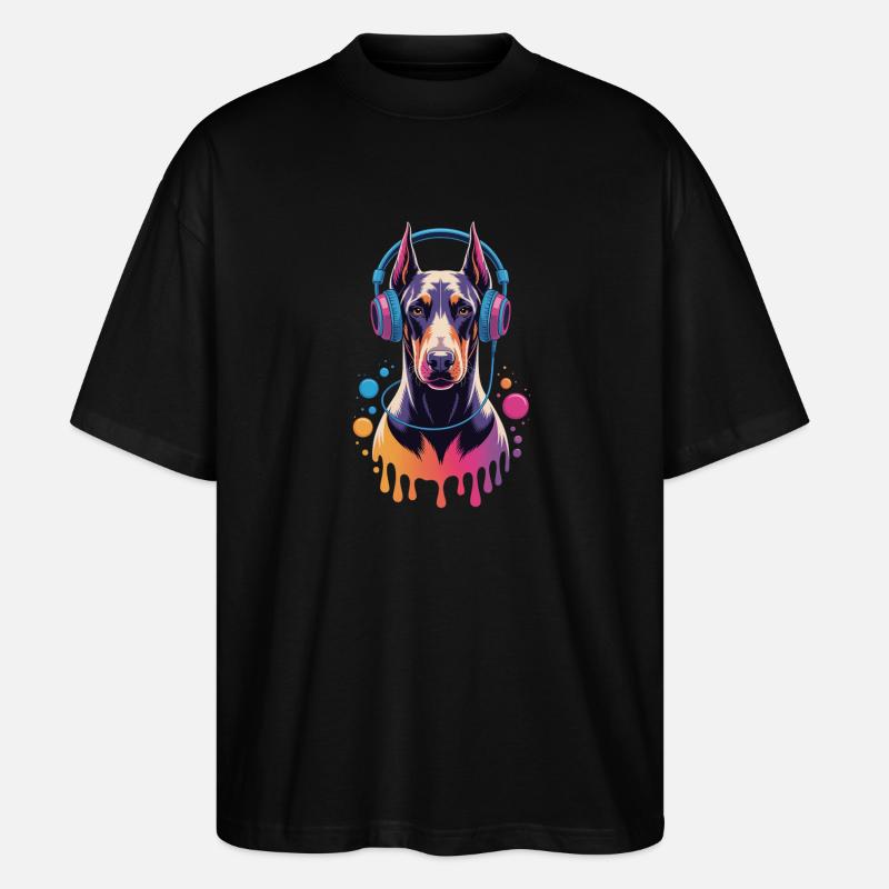 Dobermann mit Kopfhörern - Stanley/Stella Oversized Unisex Bio T-Shirt Blaster 2.0 - Schwarz