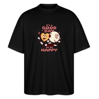 Guten Tag, glücklich zu sein - Stanley/Stella Oversized Unisex Bio T-Shirt Blaster 2.0 - Schwarz - Vorne - Alina (178cm) & Michal (187cm)