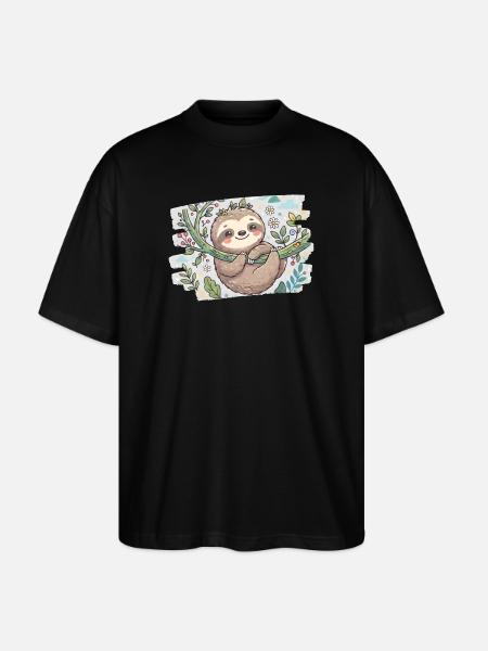 Cute sloth on branch with flowers - Stanley/Stella Oversized Unisex Organic T-shirt Blaster 2.0 - black
