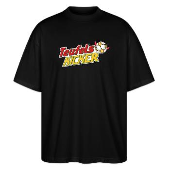 Teufelskicker Logoschriftzug Mit Fußball - Stanley/Stella Oversized Unisex Bio T-Shirt Blaster 2.0 - Schwarz - Vorne - Alina (178cm) & Michal (187cm)