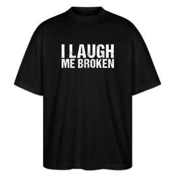 I Laugh me broken denglish - Stanley/Stella Oversized Unisex Bio T-Shirt Blaster 2.0 - Schwarz - Vorne - Alina (178cm) & Michal (187cm)