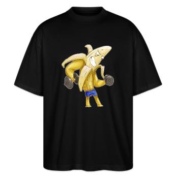 Lustige Banane mit Muskeln – Fitness trifft Humor! - Stanley/Stella Oversized Unisex Bio T-Shirt Blaster 2.0 - Schwarz - Vorne - Alina (178cm) & Michal (187cm)
