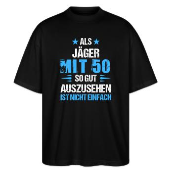 Mit 50 gut aussehender Jäger - Stanley/Stella Oversized Unisex Bio T-Shirt Blaster 2.0 - Schwarz - Vorne - Alina (178cm) & Michal (187cm)