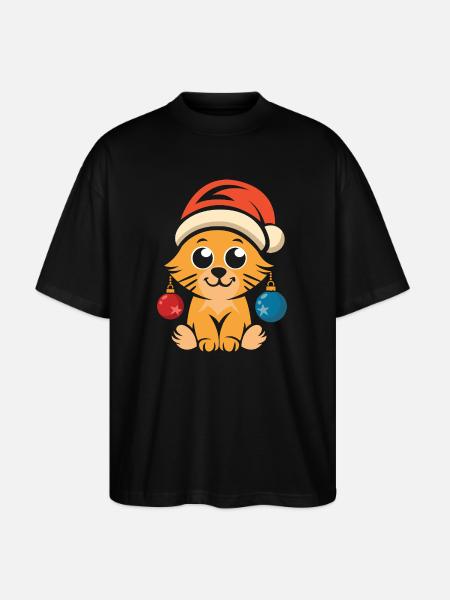 Cute Christmas cat with hat - Stanley/Stella Oversized Unisex Organic T-shirt Blaster 2.0 - black