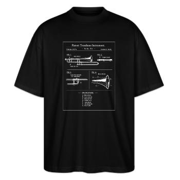 Vintage Patent Posaunen-Bauplan - Stanley/Stella Oversized Unisex Bio T-Shirt Blaster 2.0 - Schwarz - Vorne - Alina (178cm) & Michal (187cm)
