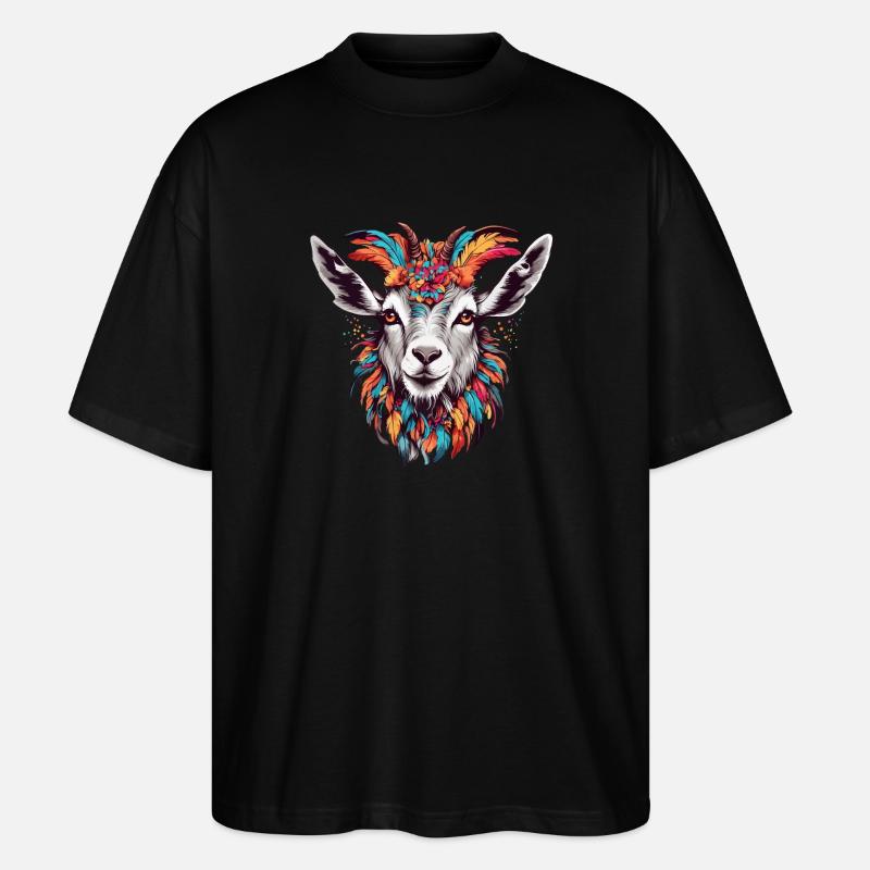 Ziege mit buntem Federschmuck - Stanley/Stella Oversized Unisex Bio T-Shirt Blaster 2.0 - Schwarz