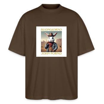 Buongiorno John Porno - Stanley/Stella Oversized Unisex Bio T-Shirt Blaster 2.0 - Dunkelbraun - Vorne - Alina (178cm) & Michal (187cm)
