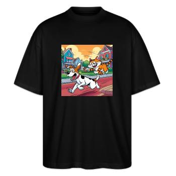 Katzen-Power - Stanley/Stella Oversized Unisex Bio T-Shirt Blaster 2.0 - Schwarz - Vorne - Alina (178cm) & Michal (187cm)
