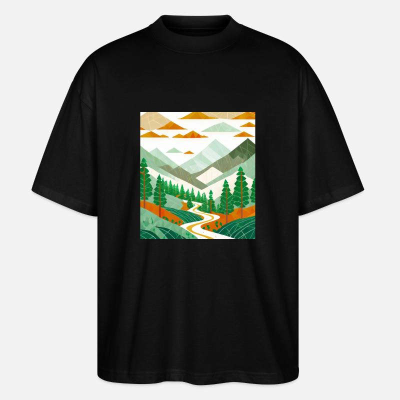 Zeichnung eines Bergwaldes - Stanley/Stella Oversized Unisex Bio T-Shirt Blaster 2.0 - Schwarz