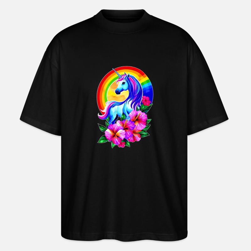 Magisches Regenbogen-Einhorn mit Blumen - Stanley/Stella Oversized Unisex Bio T-Shirt Blaster 2.0 - Schwarz