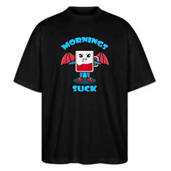 Mornings Suck Grafik - Stanley/Stella Oversized Unisex Bio T-Shirt Blaster 2.0 - Schwarz - Vorne - Alina (178cm) & Michal (187cm)