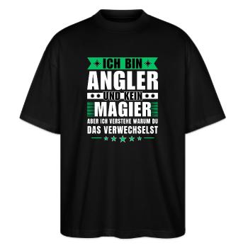 Ich bin Angler und kein Magier - Stanley/Stella Oversized Unisex Bio T-Shirt Blaster 2.0 - Schwarz - Vorne - Alina (178cm) & Michal (187cm)