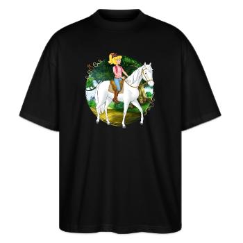 Bibi und Tina 'Bibi reitet auf Sabrina' - Stanley/Stella Oversized Unisex Bio T-Shirt Blaster 2.0 - Schwarz - Vorne - Alina (178cm) & Michal (187cm)