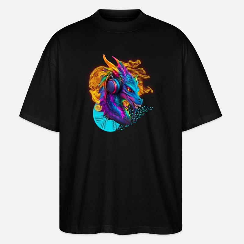 DJ-Drache mit Kopfhörerfeuer-Schallplattennotizen - Stanley/Stella Oversized Unisex Bio T-Shirt Blaster 2.0 - Schwarz
