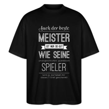 Pen and paper meister geschenk - Stanley/Stella Oversized Unisex Bio T-Shirt Blaster 2.0 - Schwarz - Vorne - Alina (178cm) & Michal (187cm)