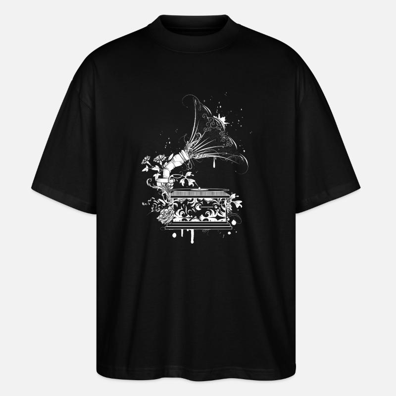 Nostalgic Gramophone – Floral Line Art - Stanley/Stella Oversized Unisex Organic T-shirt Blaster 2.0 - black