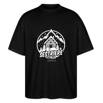 Sestriere https://ski-t-shirts.myspreadshop.de - Stanley/Stella Oversized Unisex Bio T-Shirt Blaster 2.0 - Schwarz - Vorne - Alina (178cm) & Michal (187cm)