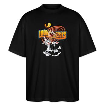 Looney Tunes Bugs Bunny, Taz, Sylvester & Tweety - Stanley/Stella Oversized Unisex Bio T-Shirt Blaster 2.0 - Schwarz - Vorne - Alina (178cm) & Michal (187cm)