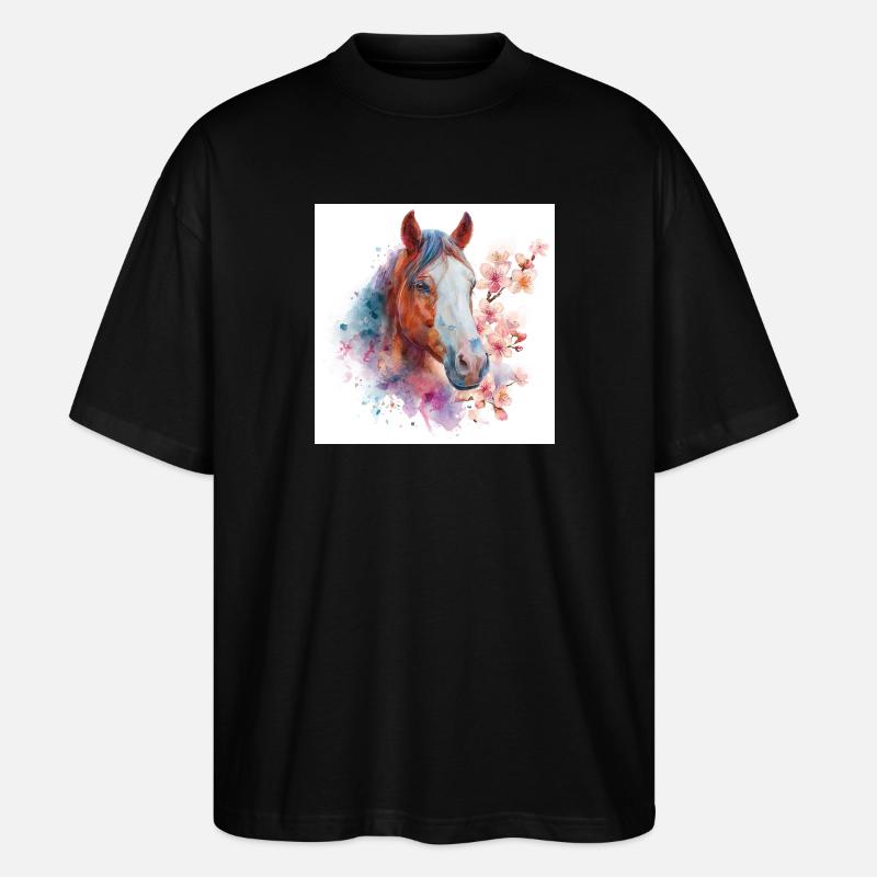 Aquarellpferd mit Blüten - Stanley/Stella Oversized Unisex Bio T-Shirt Blaster 2.0 - Schwarz