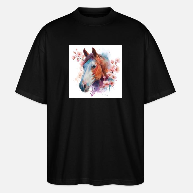 Aquarell Pferd und Blüten - Stanley/Stella Oversized Unisex Bio T-Shirt Blaster 2.0 - Schwarz