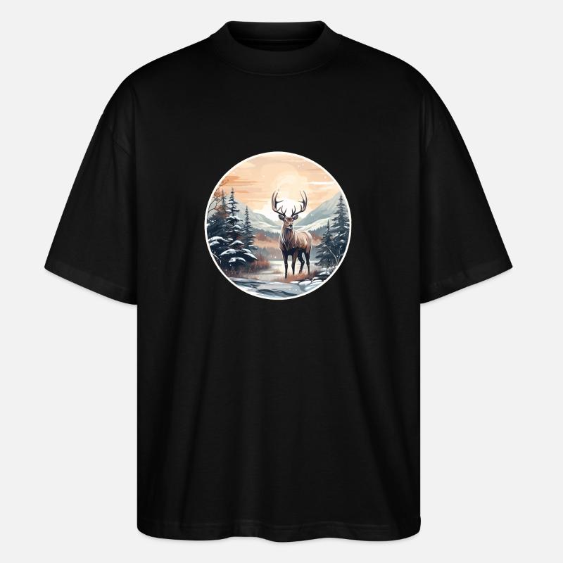 Winterlandschaft mit Hirsch - Stanley/Stella Oversized Unisex Bio T-Shirt Blaster 2.0 - Schwarz