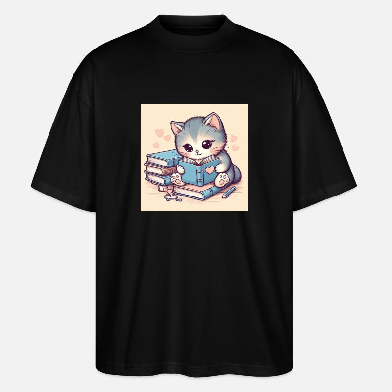 Katze mit Bücher - Stanley/Stella Oversized Unisex Bio T-Shirt Blaster 2.0 - Schwarz