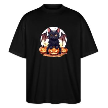 Black Vampire Cat Bat Wings Halloween - Stanley/Stella Oversized Unisex Organic T-shirt Blaster 2.0 - black - Front - Alina (178cm) & Michal (187cm)