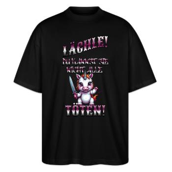 Böses Einhorn, lustiger Spruch - Stanley/Stella Oversized Unisex Bio T-Shirt Blaster 2.0 - Schwarz - Vorne - Alina (178cm) & Michal (187cm)