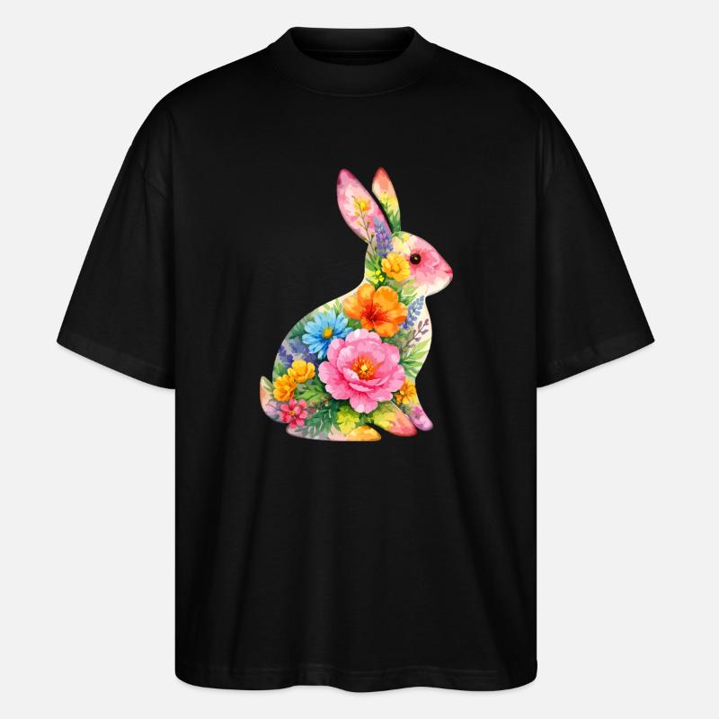 Fleurs aquarelles de lapin à Pâques - T-shirt bio Blaster 2.0 coupe oversize Stanley/Stella Unisexe - noir