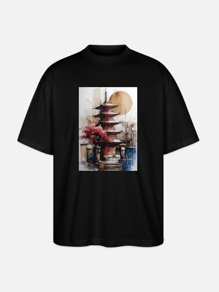 Zen-Sonne-Aquarellpagode - Stanley/Stella Oversized Unisex Bio T-Shirt Blaster 2.0 - Schwarz