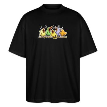 Five birds singing hard - Stanley/Stella Oversized Unisex Bio T-Shirt Blaster 2.0 - Schwarz - Vorne - Alina (178cm) & Michal (187cm)