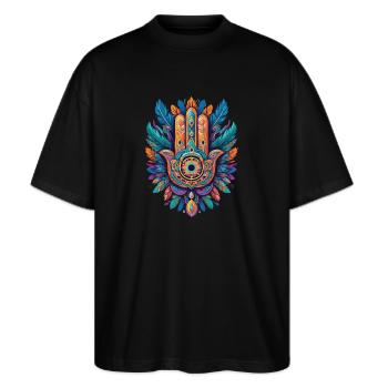Spiritual Hamsa Hand Feathers Aesthetic Design - Stanley/Stella Oversized Unisex Organic T-shirt Blaster 2.0 - black - Front - Alina (178cm) & Michal (187cm)