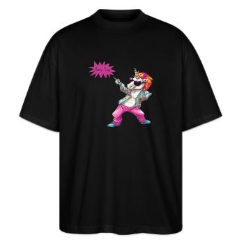 Einhorn sagt Party Time - Stanley/Stella Oversized Unisex Bio T-Shirt Blaster 2.0 - Schwarz - Vorne - Alina (178cm) & Michal (187cm)