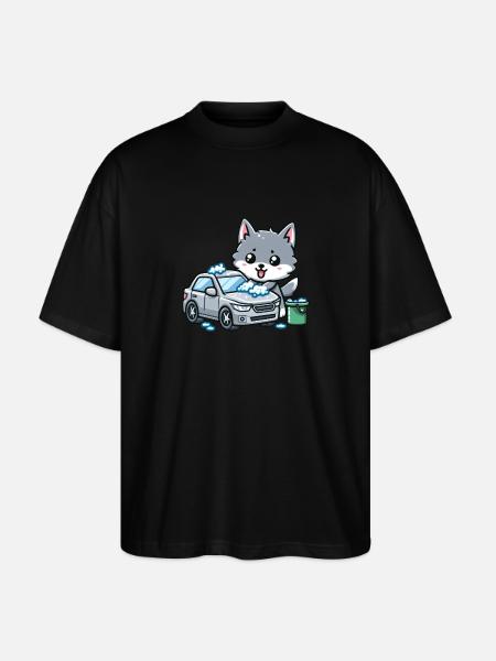 Cute wolf washes car - Stanley/Stella Oversized Unisex Organic T-shirt Blaster 2.0 - black