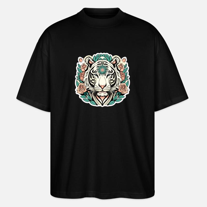 Tiger mit Rosen Blüten Geschenk - Stanley/Stella Oversized Unisex Bio T-Shirt Blaster 2.0 - Schwarz
