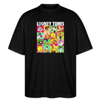 Looney Tunes Charaktere Kachel - Stanley/Stella Oversized Unisex Bio T-Shirt Blaster 2.0 - Schwarz - Vorne - Alina (178cm) & Michal (187cm)