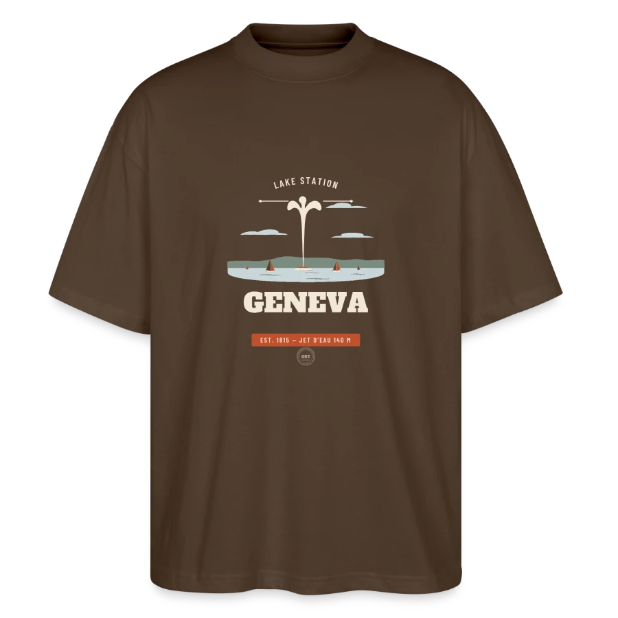 Geneva badge on a stanley/stella oversized unisex organic t-shirt blaster 2.0, mocha