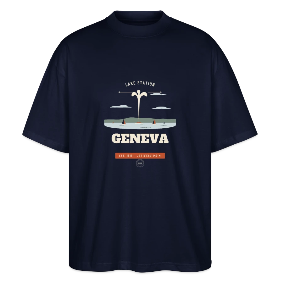Geneva badge on a stanley/stella oversized unisex organic t-shirt blaster 2.0, navy