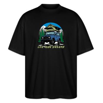 Landy Camping Dachzelt Live Your Dreams Roof Tent - Stanley/Stella Oversized Unisex Bio T-Shirt Blaster 2.0 - Schwarz - Vorne - Alina (178cm) & Michal (187cm)