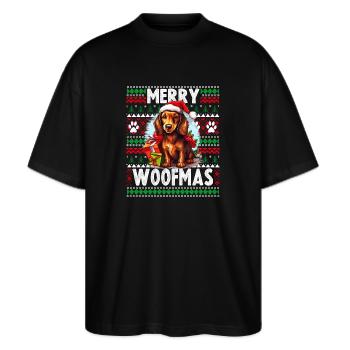 Hässlicher Weihnachtspullover Dackel Hund - Hund Weihnachten - Stanley/Stella Oversized Unisex Bio T-Shirt Blaster 2.0 - Schwarz - Vorne - Alina (178cm) & Michal (187cm)