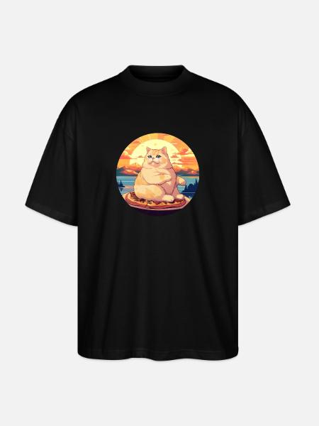 Sunset Feast: Chubby Cat Enjoys - Stanley/Stella Oversized Unisex Organic T-shirt Blaster 2.0 - black