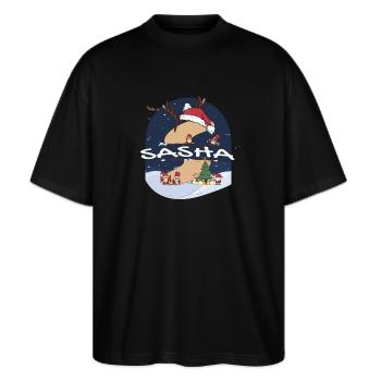 Awesome Sasha Name w Santa Hat in Xmas Theme - Stanley/Stella Oversized Unisex Organic T-shirt Blaster 2.0 - black - Front - Alina (178cm) & Michal (187cm)