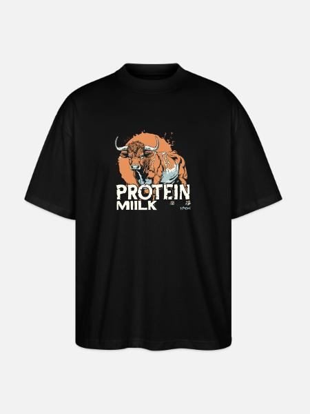 Tegneserieko med teksten: Proteinmælk - Stanley/Stella Oversize Unisex Øko T-shirt Blaster 2.0 - sort