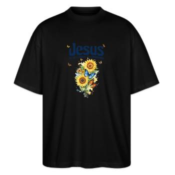Jesus It is not religion, It's a relationship - Stanley/Stella Oversized Unisex Organic T-shirt Blaster 2.0 - black - Front - Alina (178cm) & Michal (187cm)