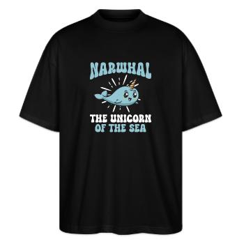 Narwal Einhornwal - Stanley/Stella Oversized Unisex Bio T-Shirt Blaster 2.0 - Schwarz - Vorne - Alina (178cm) & Michal (187cm)