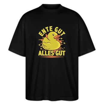 Ente gut alles gut, Lustige Quietscheente - Stanley/Stella Oversized Unisex Bio T-Shirt Blaster 2.0 - Schwarz - Vorne - Alina (178cm) & Michal (187cm)