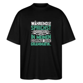 Lustige Sprüche - Stanley/Stella Oversized Unisex Bio T-Shirt Blaster 2.0 - Schwarz - Vorne - Alina (178cm) & Michal (187cm)