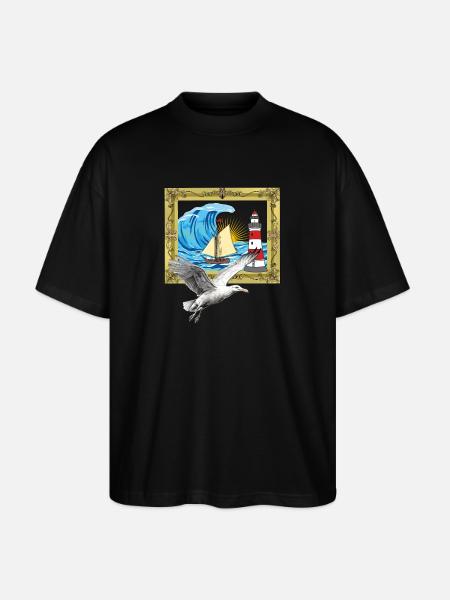 Mås, Maritima Måsar, Sjöfåglar, Fyr - Ekologisk Oversized T-shirt Unisex Stanley/Stella Blaster 2.0 - svart